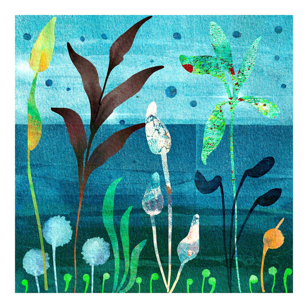 Abstract botanical wall art - blue coastal scene with organic plant forms. Using printmaking and digital collage techniques. Giclée art print from the Abstract Floral Collection by Barbara Jane Art & Design. BarbaraJaneDesigns.co.uk. Available as 8x8" and 12x12" art prints.