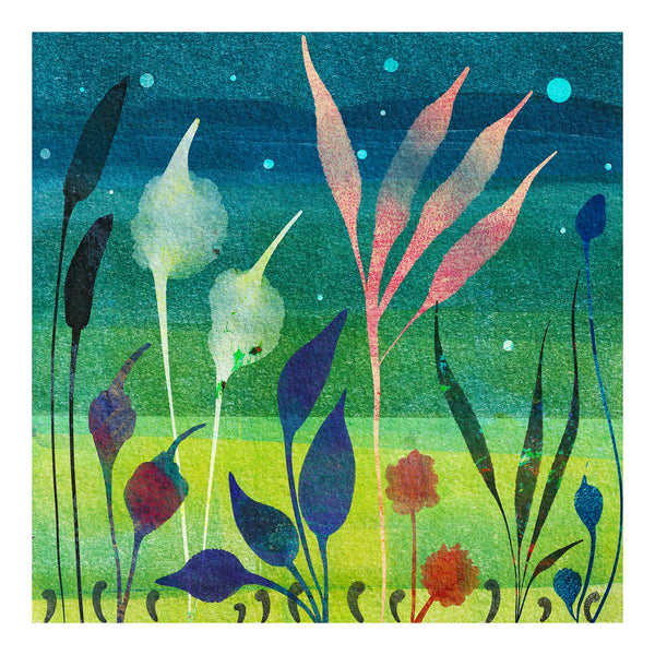 Abstract botanical bright green meadow scene. Contemporary art using printmaking and digital collage techniques. Giclée art print from the Abstract Floral Collection by Barbara Jane Art & Design. BarbaraJaneDesigns.co.uk. Available as 8x8" and 12x12" art prints.