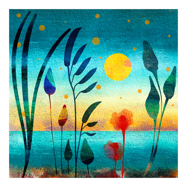 Abstract botanical design featuring blue ocean and orange evening sun. Using printmaking and digital collage techniques. Giclée art print from the Abstract Floral Collection by Barbara Jane Art & Design. BarbaraJaneDesigns.co.uk. Available as 8x8" and 12x12" art prints.