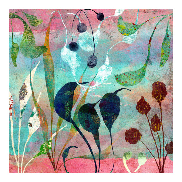 Abstract pink and blue seaweed floral design. Using printmaking and digital collage techniques. Giclée art print from the Abstract Floral Collection by Barbara Jane Art & Design. BarbaraJaneDesigns.co.uk. Available as 8x8" and 12x12" art prints.