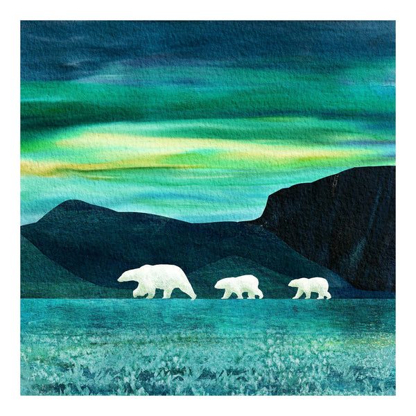 Polar bear mother and cubs in arctic scene with mountains and colours of northern lights in the sky. Giclée art print available in 8x8" and 12x12" sizes. Artwork by Barbara Jane Designs, BarbaraJaneDesigns.co.uk