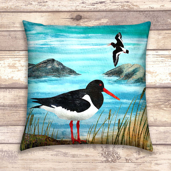 Oystercatcher Velvet Art Cushion - 'Catching Oysters at Dawn'