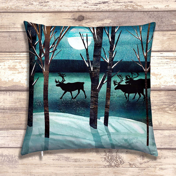 Reindeer Velvet Art Cushion - 'A Moonlight Walk'