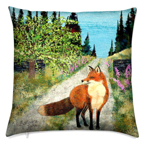Fox cushion.  Velvet art cushion with vixen in the woodlands.  Great present for children or fox lover.  British wildlife cushion. From Woodland Wildlife Collection by Barbara Jane Art & Design.