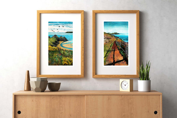 Landscape art print of 'Three Cliffs' Bay, Gower, Wales Coastal Path. Giclée art print by Barbara Jane Art & Design. BarbaraJaneDesigns.co.uk