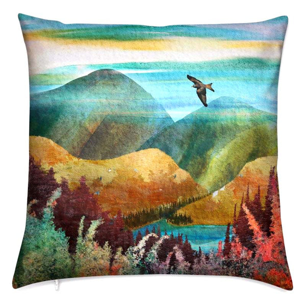Red Kite cushion.  Velvet art cushion with abstract landscape and a red kite flying over mountains. Unique gift for bird lover.  Art by Barbara Jane Art & Design.