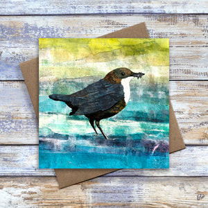 Dipper Bird Greetings Card with abstract watery background.  Artwork by Barbara Jane Art & Design.