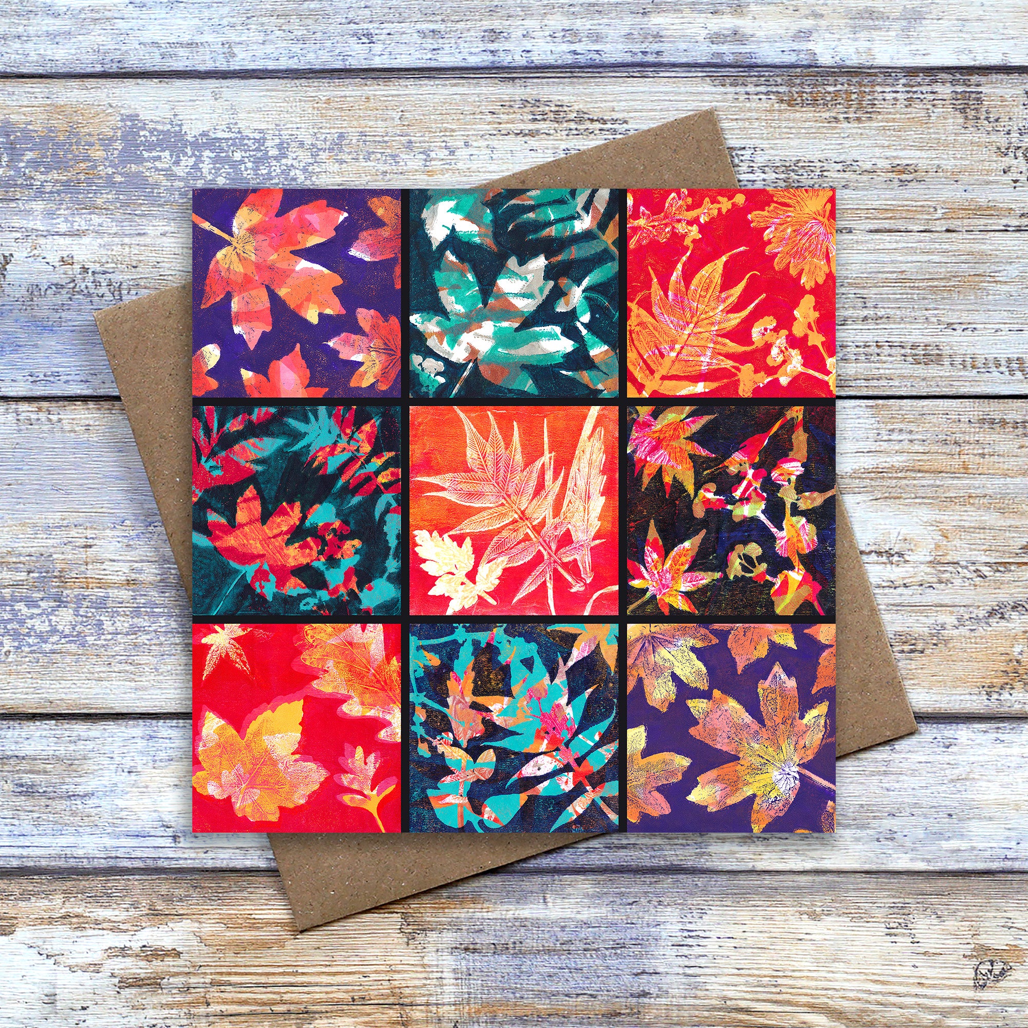 Leaf print greetings card with an oriental vibe.  Featuring a montage of nine of my gel prints in reds, oranges, blues and purples.  By Barbara Jane Art & Design.