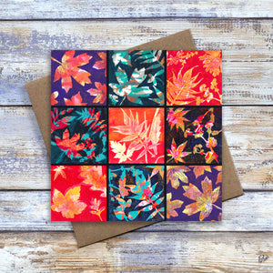 Leaf print greetings card with an oriental vibe.  Featuring a montage of nine of my gel prints in reds, oranges, blues and purples.  By Barbara Jane Art & Design.