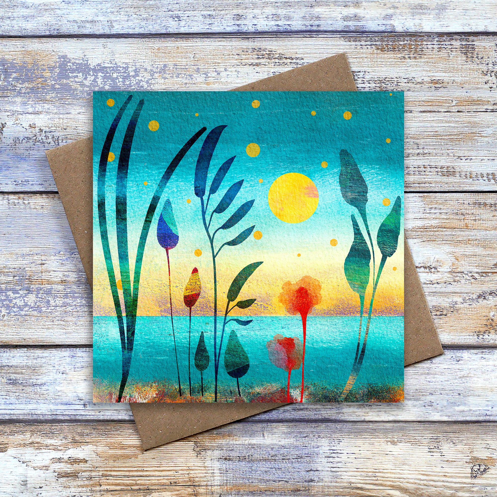 Abstract Floral Coastal Sunset greetings card. By Barbara Jane Art & Design. 