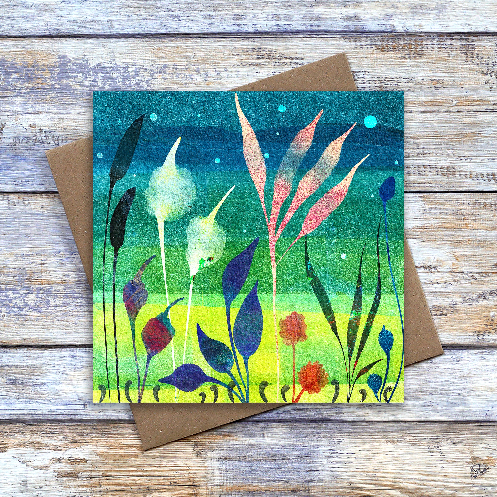 Colourful abstract floral greetings card reminiscent of meadow flowers.   Artwork by Barbara Jane Art & Design. 