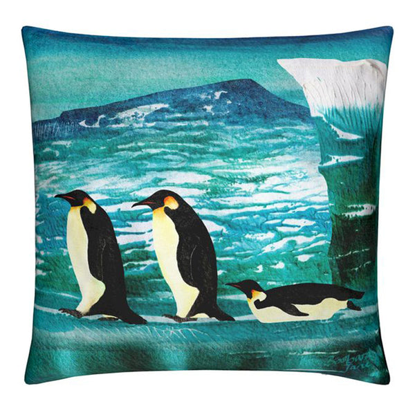 Art cushion with Emperor Penguins on Antarctic ice with glacier. Blue green colour. 