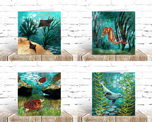 Greeting cards showing marine life, turtles, rays, seahorse, seal.  Birthday cards / thank you card / thinking of you card. Artwork by Barbara Jane Art & Design.