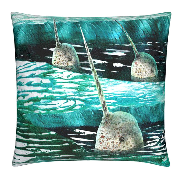 Velvet art cushion featuring narwhals in the sea ice. Artwork by Barbara Jane Art & Design.