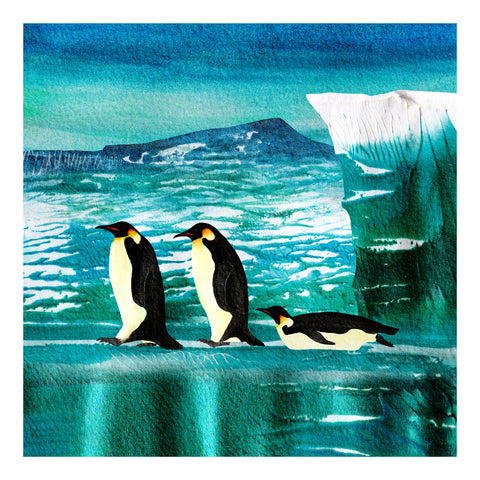 Three Emperor penguins marching and sliding across sea ice with a glacier. Artwork by Barbara Jane Art & Design. 