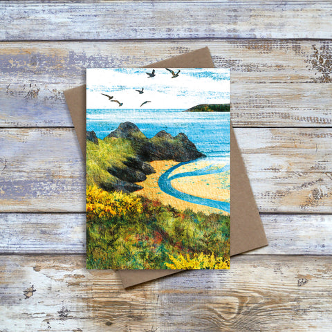 Gower greetings card featuring view of Three Cliffs Bay with seagulls.  Unique birthday card, thank you card, thinking of you card for lovers of the Wales coastline.  Artwork by Barbara Jane Art & Design. 