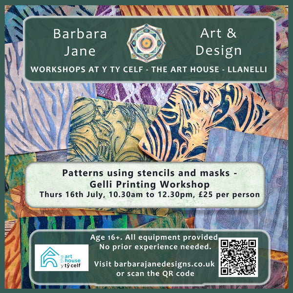 Patterns using stencils and masks - gelli printing workshop @ Y Ty Celf Gallery, Thurs 16th July 2026