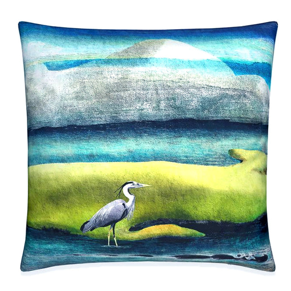 Velvet Cushion with heron in an abstract landscape with water, an island and mountains behind. 