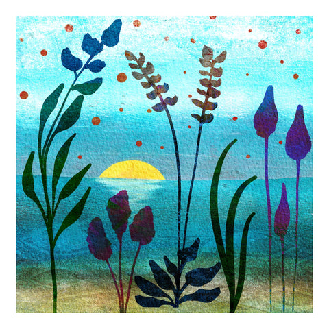 Blue artwork featuring plantlife at dawn with a rising sun and the ocean. Using printmaking and digital collage techniques. Giclée art print from the Abstract Floral Collection by Barbara Jane Art & Design. BarbaraJaneDesigns.co.uk. Available as 8x8" and 12x12" art prints.