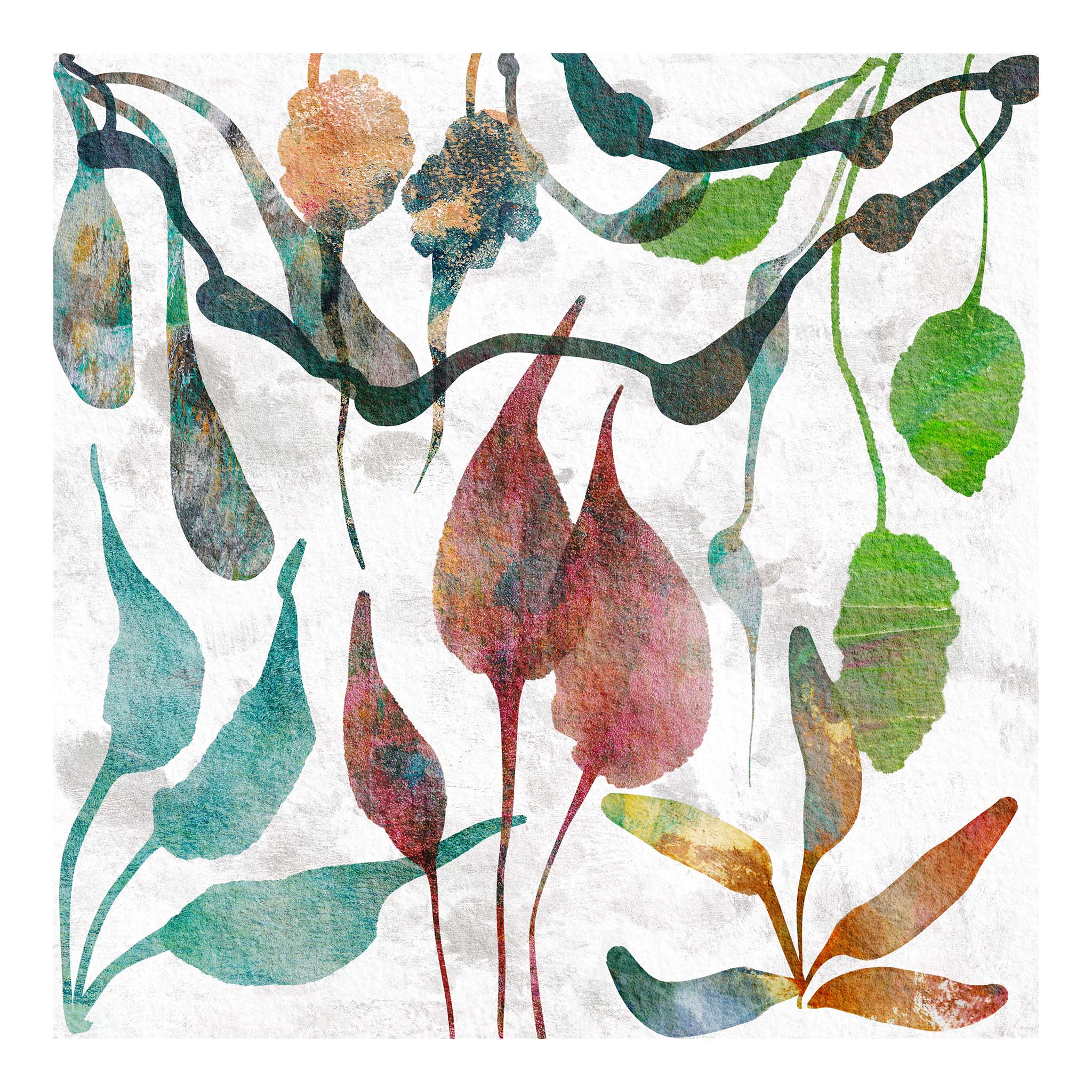 Abstract botanical contemporary artwork in subtle colours, pink, turquoise and green. Giclée art print from the Abstract Floral Collection by Barbara Jane Art & Design. BarbaraJaneDesigns.co.uk. Available as 8x8" and 12x12" art prints.