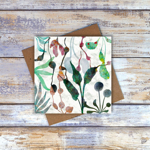 Abstract Floral greetings card / note card.  'Serene III' artwork. Green and pink surreal floral  or seaweed design by Barbara Jane Art & Design. 