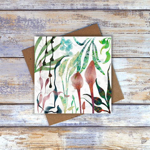 Abstract Floral greetings card / note card.  'Serene II' artwork. Pink and green surreal tropical floral design by Barbara Jane Art & Design. 