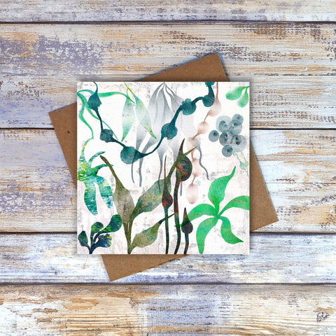 Abstract Floral greetings card / note card.  'Serene I' artwork. Blue green surreal floral design reminiscent of tropical plants or seaweed by Barbara Jane Art & Design. 