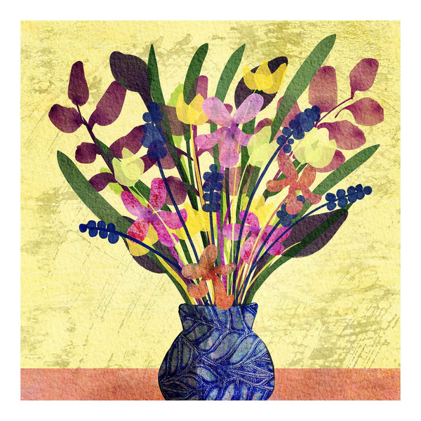 Cheerful, colourful, vase of abstract flowers in yellow, pink and blue. Giclée art print available in 8x8" and 12x12" sizes. Artwork by Barbara Jane Designs, BarbaraJaneDesigns.co.uk