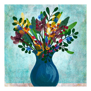 Art print with bold, blue vase of abstract flowers. Created with printmaking methods followed by digital collage. Giclée art print available in 8x8" and 12x12" sizes. Artwork by Barbara Jane Designs, BarbaraJaneDesigns.co.uk