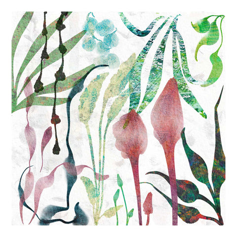 Abstract botanical art print, in subtle pink and green hues. Created using printmaking and digital collage techniques. Giclée art print from the Abstract Floral Collection by Barbara Jane Art & Design. BarbaraJaneDesigns.co.uk. Available as 8x8" and 12x12" art prints.