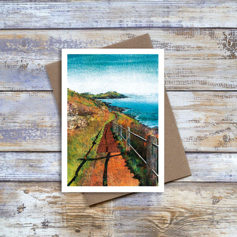Gower greetings card with scene of coastal path between Langland and Limeslade, near Bracelet Bay,Mumbles. Art by Barbara Jane Art & Design.