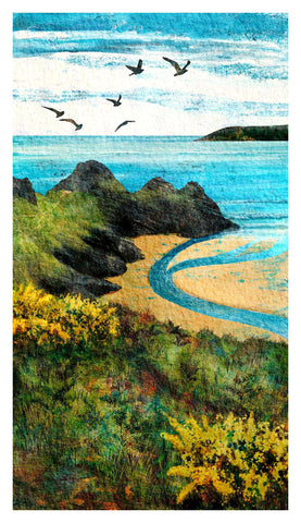 Landscape art print of 'Three Cliffs' Bay, Gower, Wales Coastal Path. Giclée art print by Barbara Jane Art & Design. BarbaraJaneDesigns.co.uk