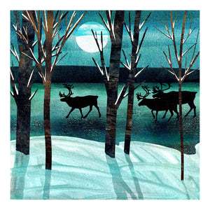 Gicleé print featuring 3 reindeer (caribou) walking on frozen ice behind trees with the moonlight behind them. Available in 8X8" and 12"x12" sizes. Barbara Jane Art & Design. BarbaraJaneDesigns.co.uk.