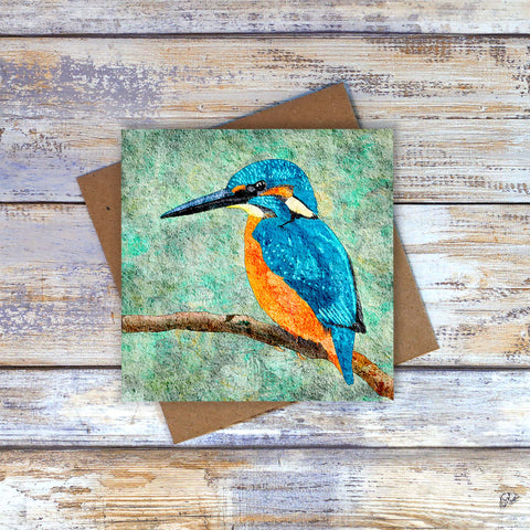 Kingfisher greetings card / note card.  Colourful kingfisher with textured green background.  Great birthday or note card for a bird lover.  Barbara Jane Art & Design. 