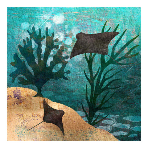 Giclée print of Cownose Rays gliding among seaweed from the Marine Collection by Barbara Jane Art & Design. BarbaraJaneDesigns.co.uk Marine art, ocean rays. Available as 8x8" and 12x12" prints.