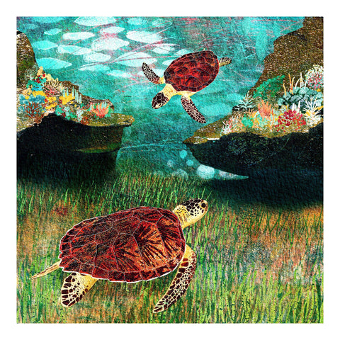 Green turtles swimming amongst sea grass and corals. Giclée art print from the Marine Collection by Barbara Jane Art & Design. BarbaraJaneDesigns.co.uk. Available as 8x8" and 12x12" art prints.