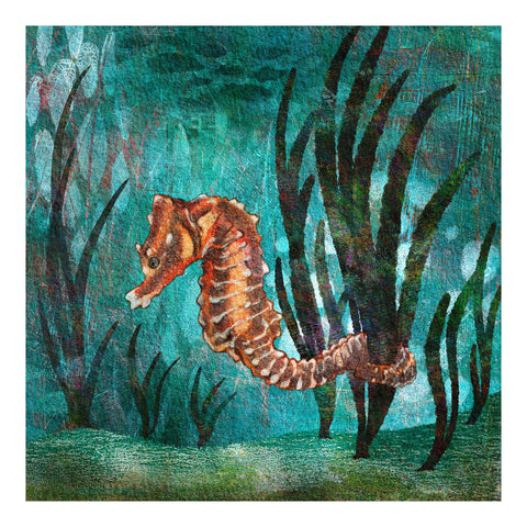 Short snouted seahorse swaying amongst seagrass. Giclée art print from the Marine Collection by Barbara Jane Art & Design. BarbaraJaneDesigns.co.uk. Available as 8x8" and 12x12" art prints.