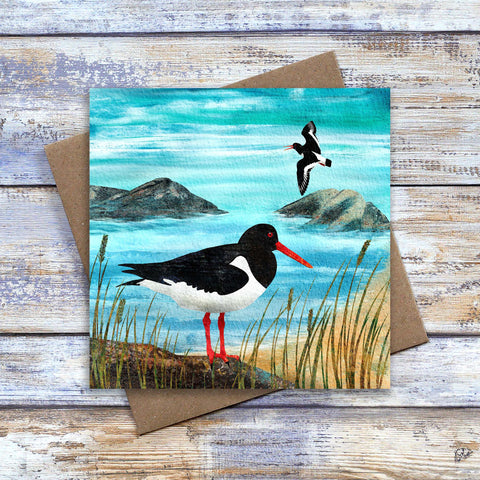 Oystercatcher Greeting Card / Birthday Card / Thank-you Card / Thinking-of-you Card.  Two striking oystercatchers on the coast at dawn.  Perfect card for sea bird lover. By Barbara Jane Art & Design.