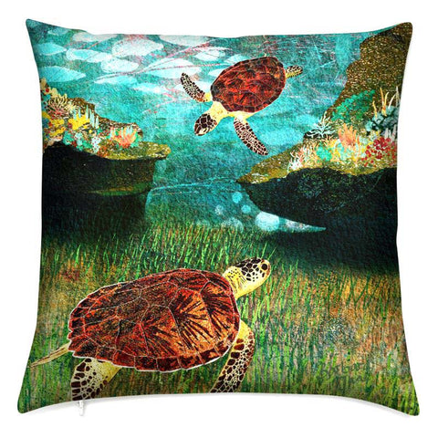 Sea turtles cushion.  Artwork of two green turtles in tropical ocean.  Great coastal accessory or gift for marine life lover.  By Barbara Jane Art & Design.  BarbaraJaneDesigns.co.uk