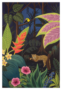 A sleepy jaguar and a toucan surrounded by colourful tropical plants / flowers in an abstract tropical forest scene. Giclée print of an original artwork by Barbara Jane Art & Design. BarbaraJaneDesigns.co.uk. Available in 3 sizes.