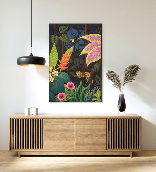 A sleepy jaguar and a toucan surrounded by colourful tropical plants / flowers in an abstract tropical forest scene. Giclée print of an original artwork by Barbara Jane Art & Design. BarbaraJaneDesigns.co.uk. Available in 3 sizes.
