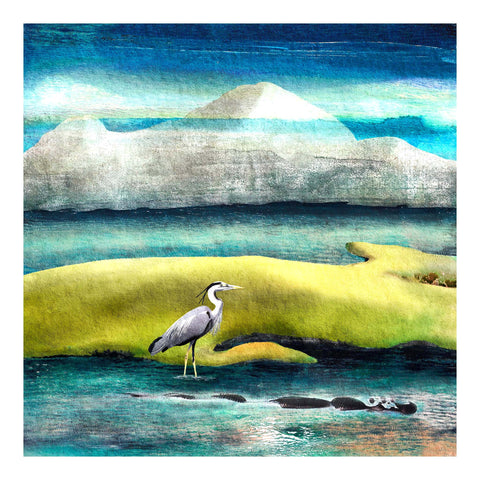 Heron art print. Lone grey heron at the side of a lake or loch with misty mountains behind. Giclée art print available in 8x8" and 12x12" sizes. Artwork by Barbara Jane Designs, BarbaraJaneDesigns.co.uk