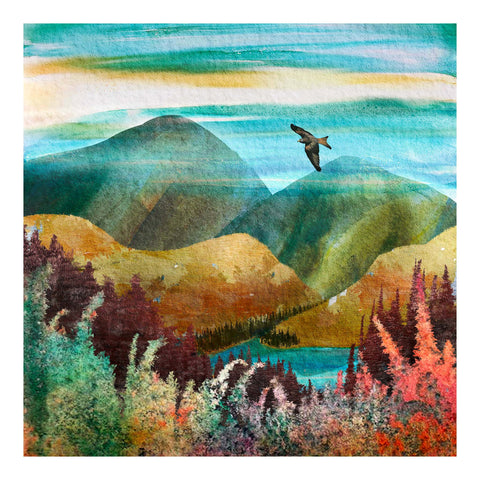 Mountains art print in warm colours with a red kite, moorlands and a lake. Created using printmaking and digital collage. Giclée art print available in 8x8" and 12x12" sizes. Artwork by Barbara Jane Designs, BarbaraJaneDesigns.co.uk