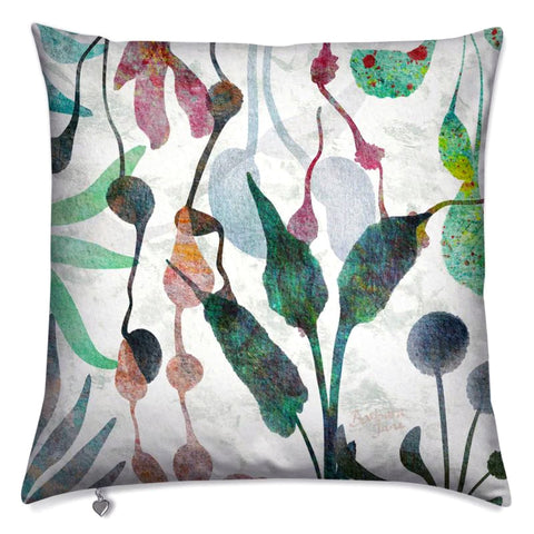 Abstract Floral Cushion.  Teal, green colour scheme.  Tropical or seaweed theme. Gift for flower lover Design by Barbara Jane Art & Design. BarbaraJaneDesigns.co.uk