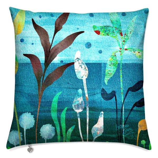 Blue abstract floral velvet cushion featuring coastal clifftop plants. Artwork by Barbara Jane Art & Design, barbarajanedesigns.co.uk