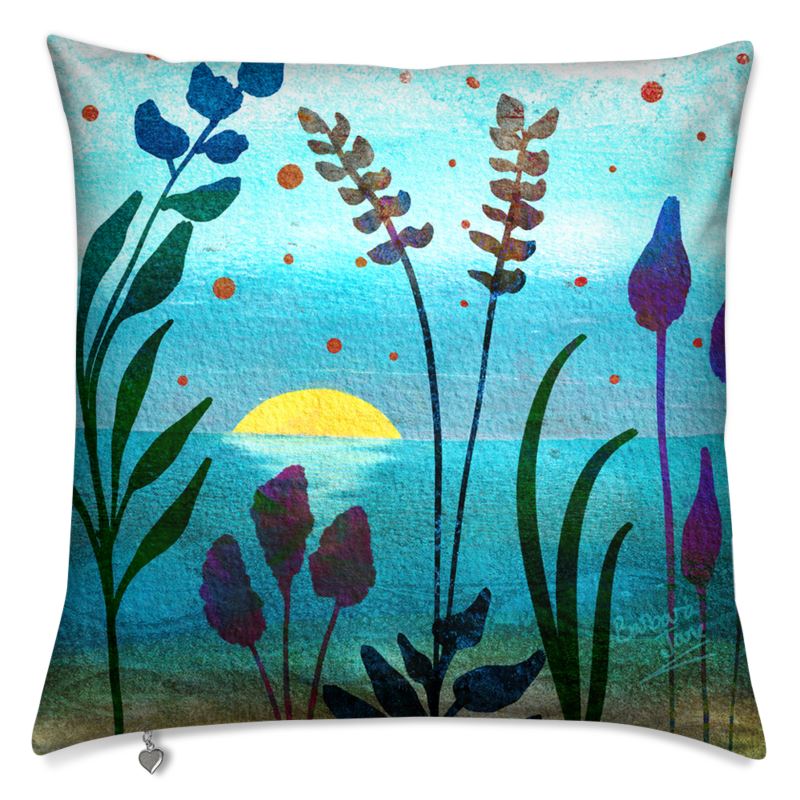 Blue abstract floral design velvet cushion featuring a coastal sunrise at dawn.  Arwork by barbarajanedesigns.co.uk, Barbara Jane Art & Design.