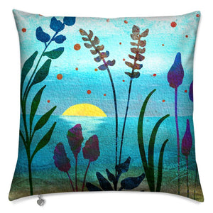 Blue abstract floral design velvet cushion featuring a coastal sunrise at dawn.  Arwork by barbarajanedesigns.co.uk, Barbara Jane Art & Design.