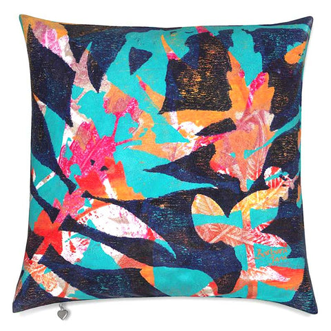 Botanical print cushion. Teal, navy and orange colours.  Made using hand printed techniques to print leaves then digitally printed.  Ideal present for lover of plants. 