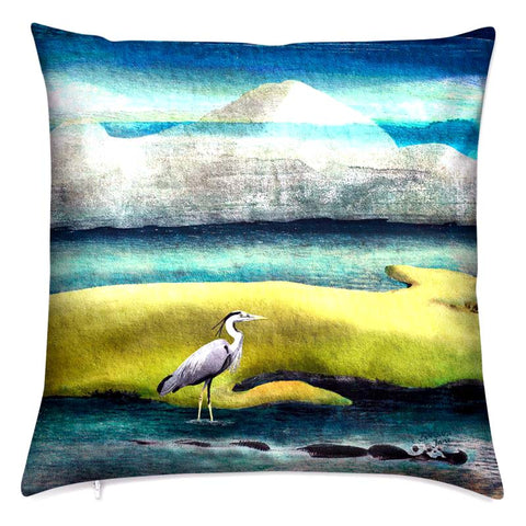Heron Cushion.  Wild Landscapes Collection.  Heron with a lake and mountains behind. Perfect gift for bird lover. Design by Barbara Jane Art & Design. BarbaraJaneDesigns.co.uk.