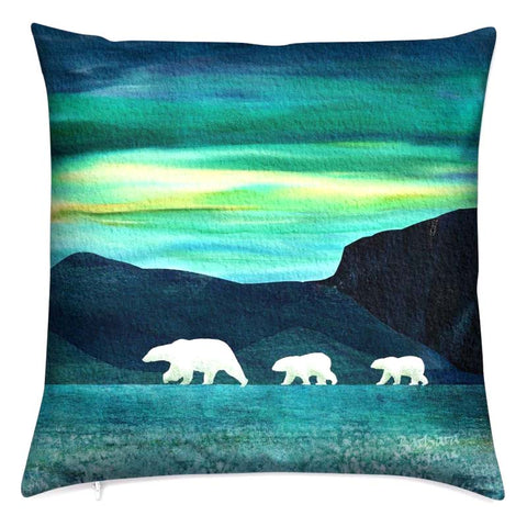 Polar Bear Cushion - arctic northern lights Christmas cushion - blue green cushion. Perfect gift for children or wildlife lovers. Artwork by Barbara Jane Art & Design.  BarbaraJaneDesign.co.uk